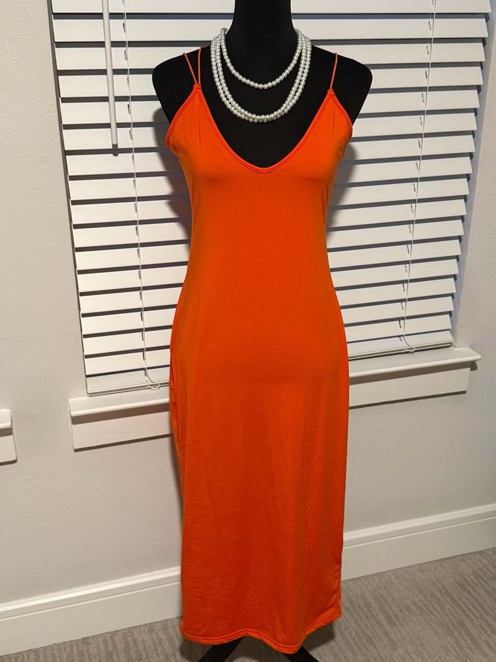 Neon Orange V-Neck Cami Maxi Bodycon Dress with Asymmetrical Straps